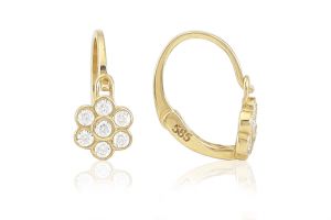 Arany baba és gyermek fülbevaló elölkapcsos virág fehér kövekkel - Arany gyerek fülbevaló