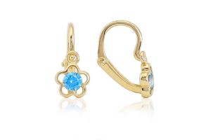 Arany baba fülbevaló elölkapcsos áttört virág világoskék kővel - 