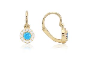 Arany baba fülbevaló elölkapcsos klasszikus stílusú világoskék és fehér kővel - 