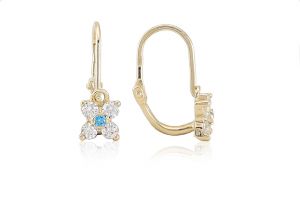 Arany baba fülbevaló elölkapcsos négyszirmú virág világoskék kővel - Arany gyerek fülbevaló