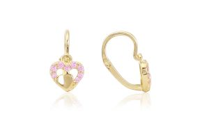 Arany baba fülbevaló elölkapcsos szívben szív rózsaszín kövekkel - Arany baba fülbevalók