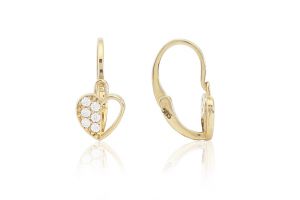 Arany baba és gyermek fülbevaló elölkapcsos félig áttört szív apró fehér kövekkel - Arany gyerek fülbevaló