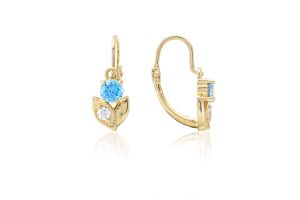 Arany baba és gyermek fülbevaló elölkapcsos kisvirág világoskék és fehér kövekkel - Arany gyerek fülbevaló