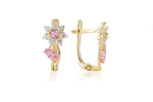 Rózsaszín és fehér köves, virágmintás arany baba fülbevaló - Arany gyerek fülbevaló