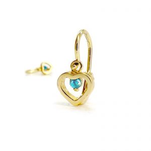 Arany baba fülbevaló kék kővel - áttört szív forma, 14K előlkapcsos zár - Arany gyerek fülbevaló
