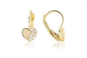 Arany baba fülbevaló patentzáras szívecske apró fehér kövekkel - Ezüst gyerek fülbevaló