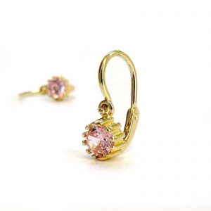 Arany baba fülbevaló rózsaszín kővel - 14K előlkapcsos klasszikus fazon - Arany gyerek fülbevaló