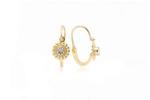 Arany gyermek fülbevaló elölkapcsos klasszikus virág fehér kővel - Arany gyerek fülbevaló