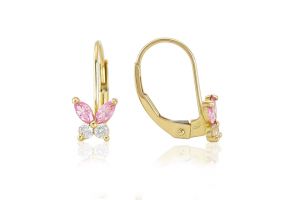Arany gyermek fülbevaló patentzáras pillangó rózsaszín és fehér kövekkel - Arany gyerek fülbevaló