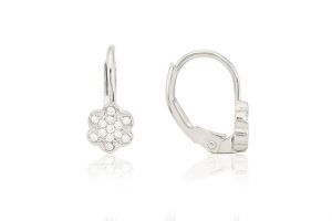 Ezüst gyermek fülbevaló patentzáras virág díszítéssel fehér köves - Ezüst gyerek fülbevaló