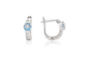 Ezüst baba fülbevaló franciakapcsos virág világoskék szirmokkal - 