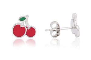Ezüst fülbevaló bedugós festett cseresznye ródiumbevonatos - Ezüst gyerek fülbevaló