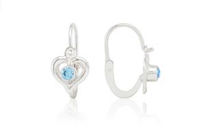 Ezüst elölkapcsos szivecske gyermek fülbevaló világoskék kővel - Arany baba fülbevalók