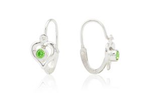 Ezüst gyermek fülbevaló elölkapcsos szívecske zöld kővel - Ezüst gyerek fülbevaló