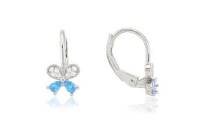 Ezüst gyermek fülbevaló patentzáras pillangó fehér és világoskék kővel ródiumbevonatos - 