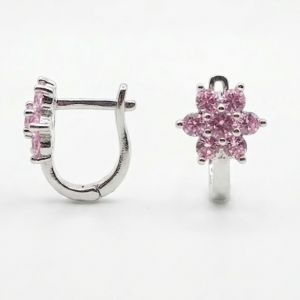 Ezüst baba és gyermek fülbevaló franciakapcsos 6szirmú virág rózsaszín kövekkel ródiumbevonatos - Ezüst gyerek fülbevaló