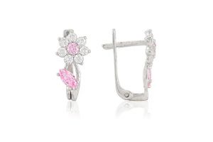 Fehér arany baba és gyermek fülbevaló franciakapcsos virág rózsaszín és fehér kövekkel - Arany gyerek fülbevaló