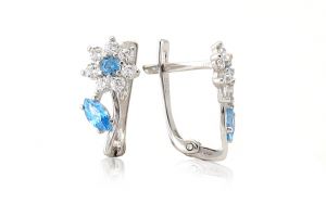 Fehér arany baba és gyermek fülbevaló franciakapcsos virág világoskék és fehér kövekkel - Arany gyerek fülbevaló