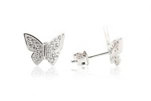 Fehér arany fülbevaló stekkeres pillangó sok fehér kővel - Arany gyerek fülbevaló