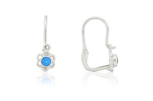 Fehér arany gyermek fülbevaló elölkapcsos áttört virág kék kővel - Arany baba fülbevalók