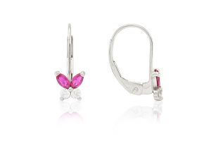 Fehér arany gyermek fülbevaló patentzáras pillangó pink és fehér kövekkel - Arany gyerek fülbevaló
