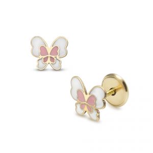 LISA arany gyermek fülbevaló csavaros pillangó rózsaszín és fehér JTAG-0418 - Arany baba fülbevalók