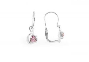 Ezüst gyermek fülbevaló elölkapcsos hurokmintás mályva színű kővel ródiumbevonatos - Ezüst gyerek fülbevaló