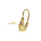 Arany baba fülbevaló rózsaszín kővel - alul áttört szív forma, 14K előlkapcsos zár